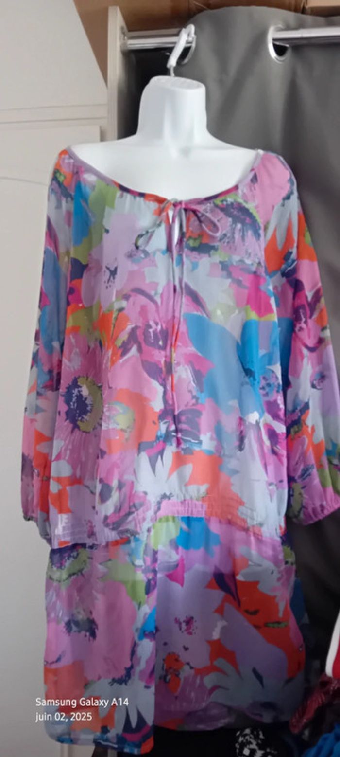 Robe tunique longue en voile motif floral coloré femme 44/46 yessica - photo numéro 3