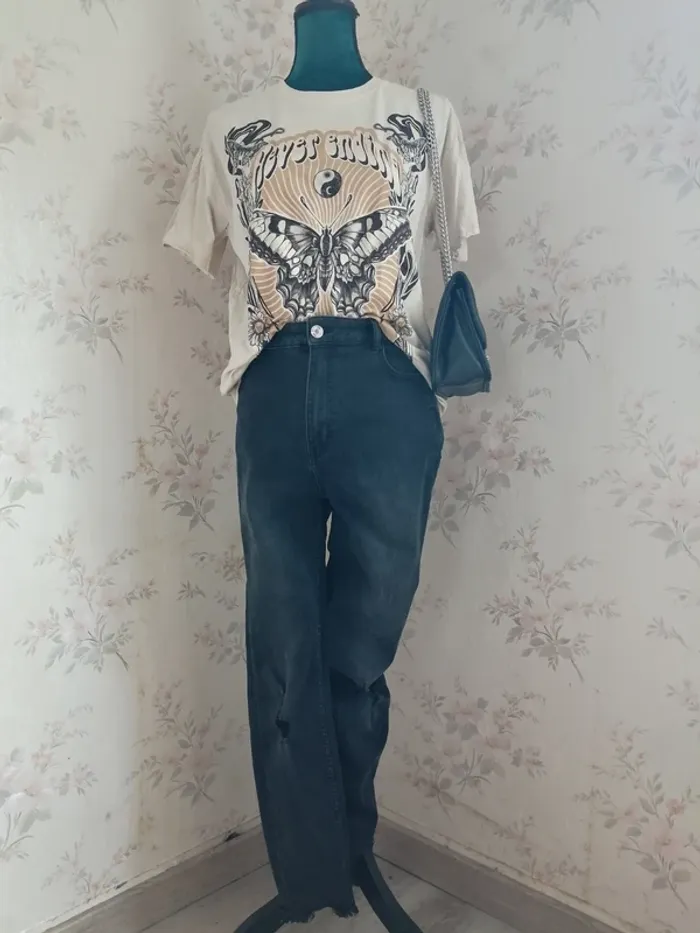 Jeans skinny noir super high waist à trous délavé / fb sister / ( w31)