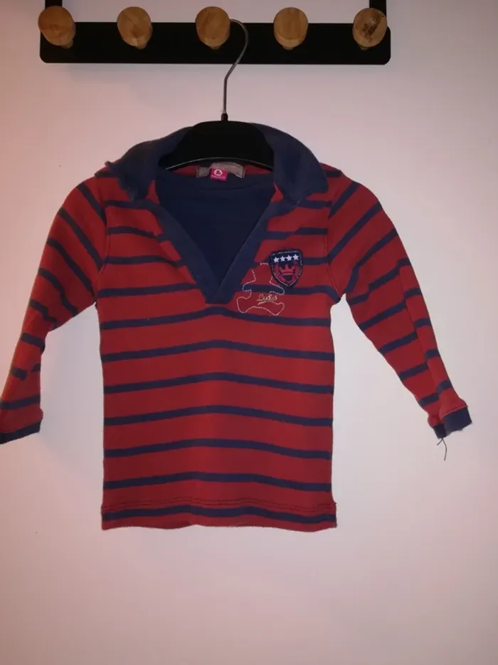 Tee-shirt à manches longues rouge et bleu, col chemise Lulu Castagnette, 18mois