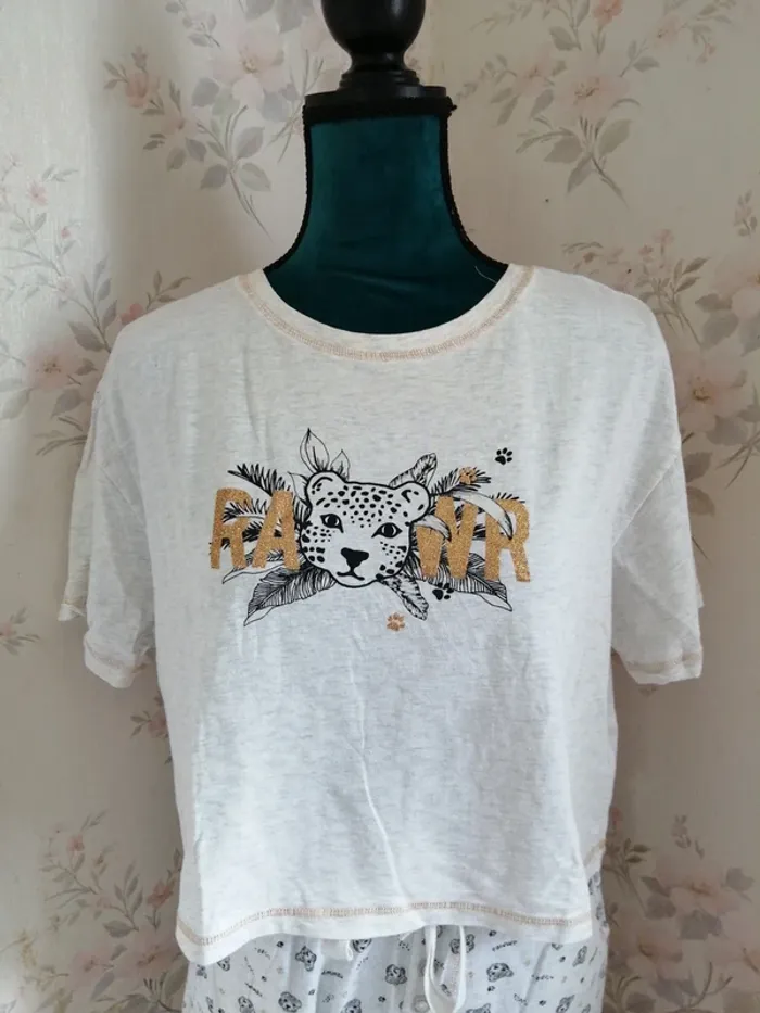 Ensemble de pyjama Tee-shirt et pantalon beige à motifs tête jaguar / cendored / (M-L) - photo numéro 2