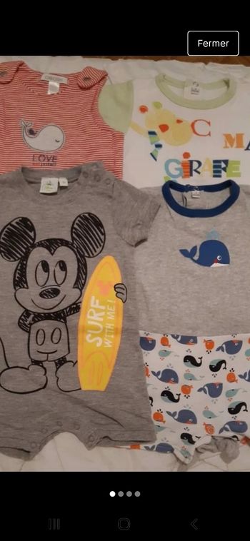 Lot de 4 barboteuses baleine girafe Mickey 3 mois