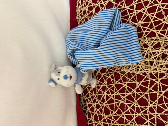 Doudou chien mouchoir rayé bleu et blanc Shima