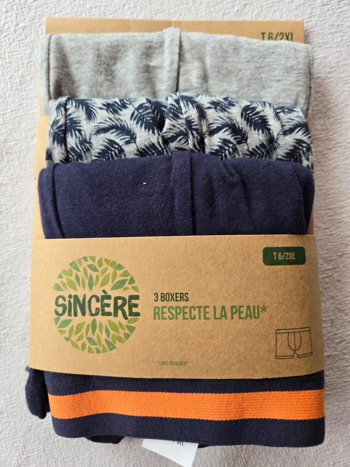 3 boxers taille 6/XXL bleu et gris marque Sincère Label Oeko-Tex