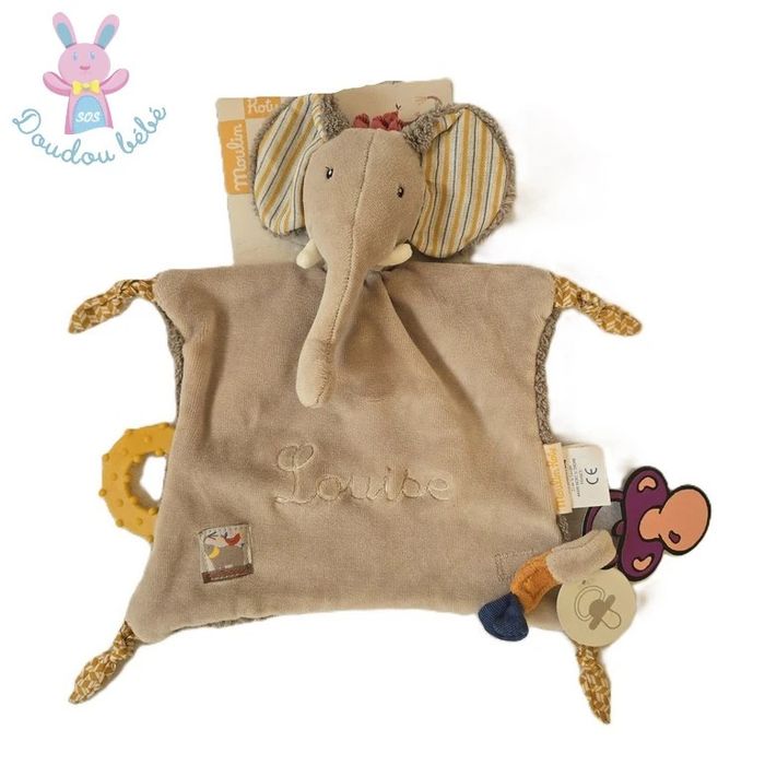 Doudou plat éléphant beige les Papoum Louise Moulin Roty