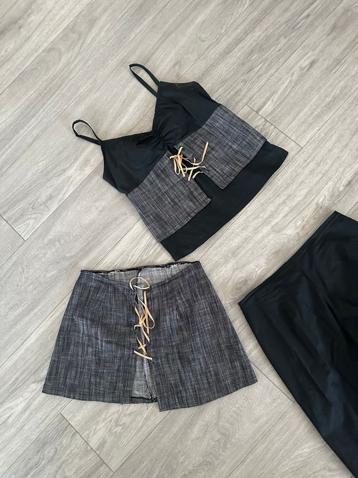 Ensemble 3 pièces crop top ceinture serre taille Pantacourt Y2K Cyberpunk T36 S - photo numéro 4