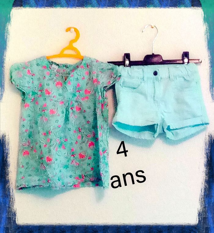 4 ans Ensemble 2 pièces h&m (autres) short et tunique turquoise fleuri print été /Excellent état - photo numéro 2