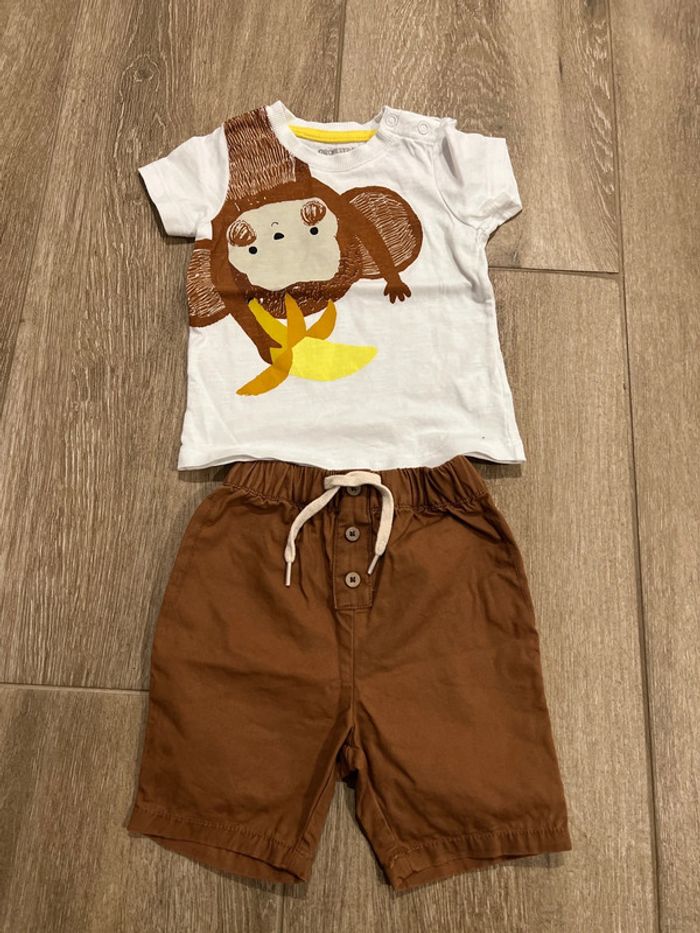 Ensemble short et t-shirt orchestra marron et blanc et singe 9 mois