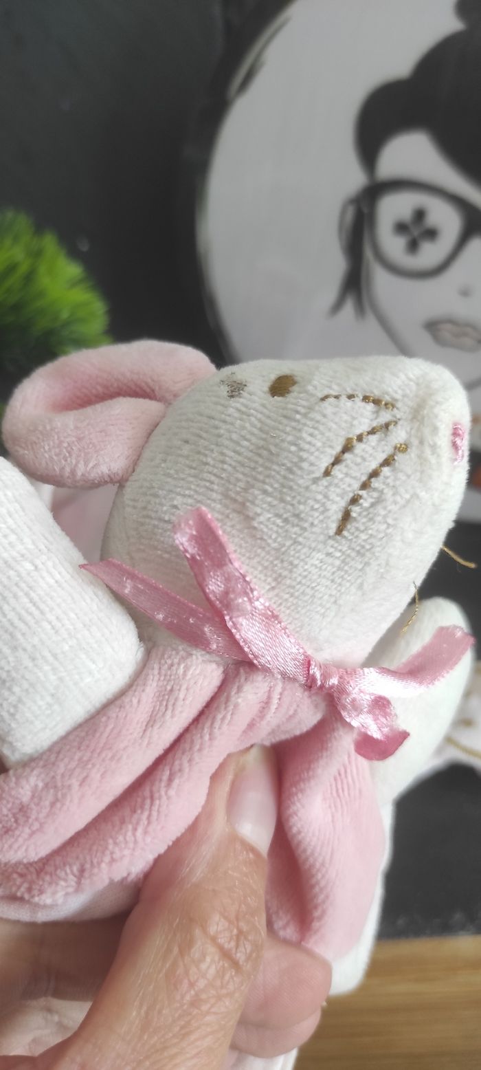 Doudou plat souris rose blanc mouchoir ventre noeud satin rose Cajou Marron - photo numéro 3