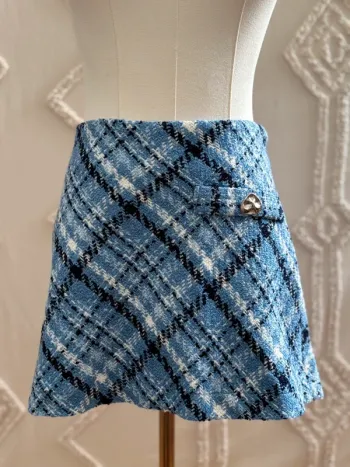 Mini jupe Mango à carreaux bleus en tweed – taille S – neuve avec étiquette