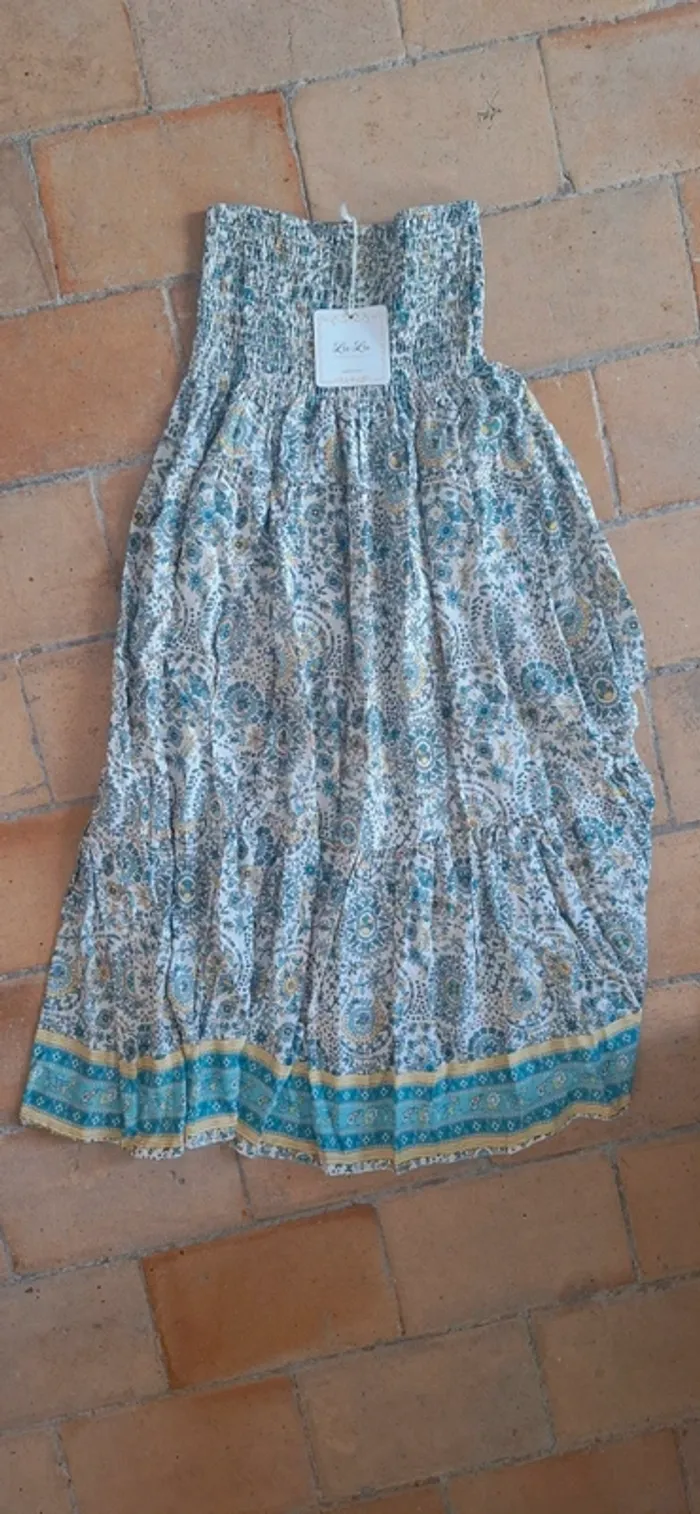 🌿 Jupe bohème ethnic motifs bleu/jaune fluide – Taille unique - Neuve 🌸 - photo numéro 2