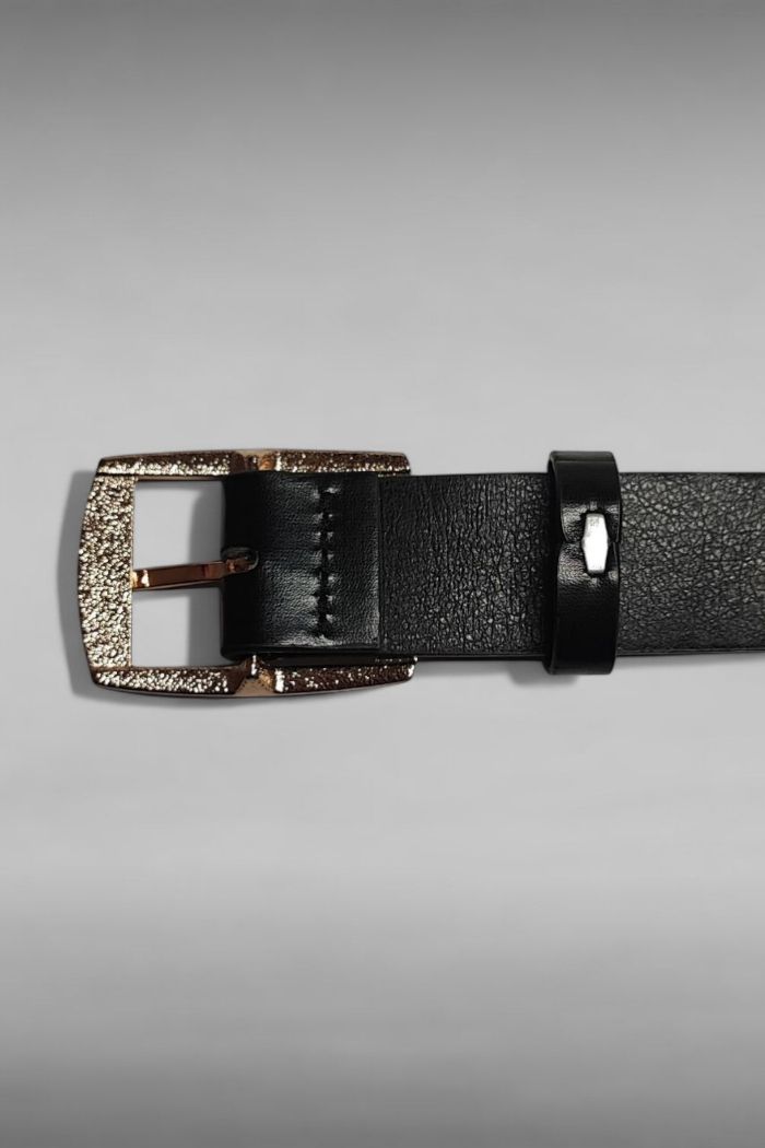 Ceinture cuir noir Boucle acier dorée 117CM - photo numéro 3
