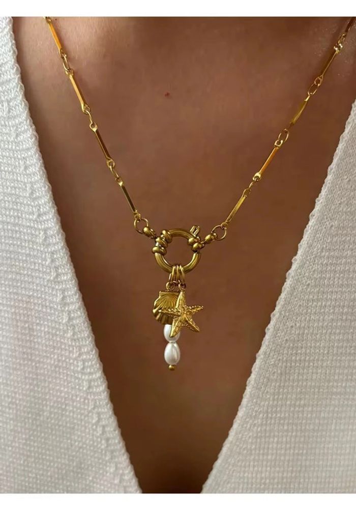 Collier “Trio Marin” en acier inoxydable 316L, pendentifs coquillage, étoile de mer & perle d’eau - photo numéro 3
