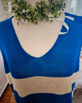 Haut sans manches bleu/beige doré style pull fin Sisi Fashion Taille L/XL Neuf