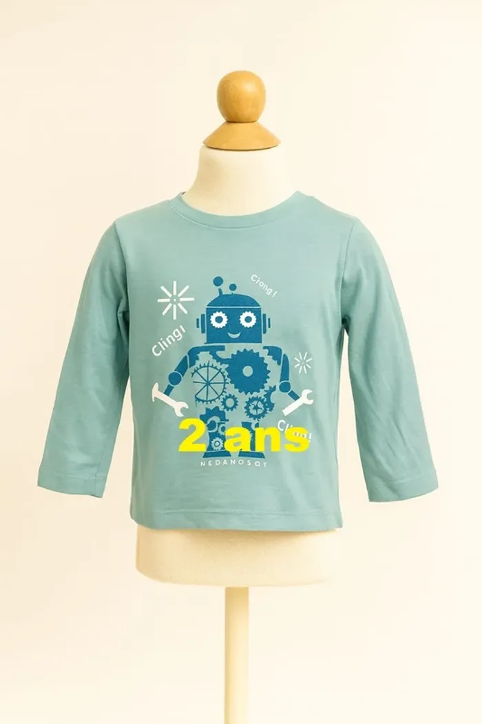 Tee shirt manche longue vert eau motif robot Tissaïa Taille 2 ans