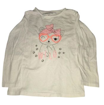T-shirt fille manches longues blanc chat rose taille 6 ans.