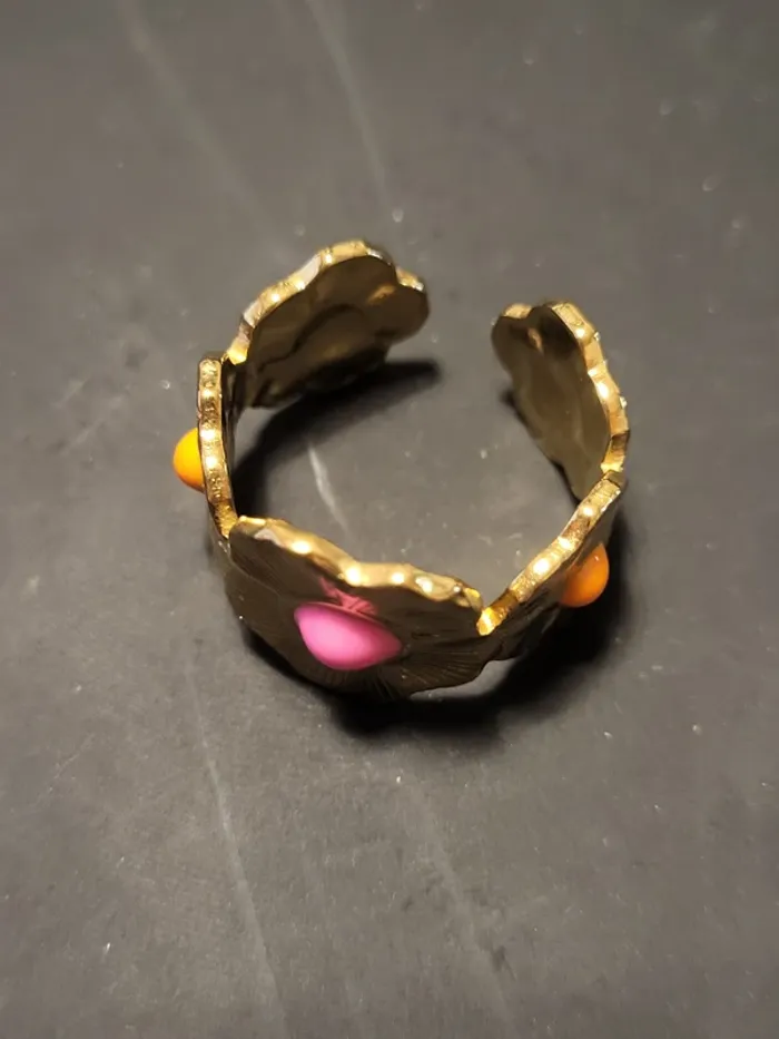 Bague acier inoxydable ajustable avec fleurs roses et oranges - photo numéro 2