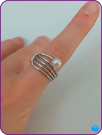 Bague argentée, perle blanche en acier inoxydable