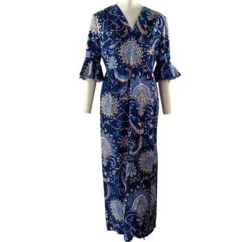 Robe longue bleu nuit imprimé cachemire, manches volantées, doublée, taille estimée M A1217