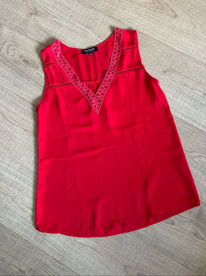 Blouse rouge sans manches avec dentelle Morgan taille 36 comme neuve - photo numéro 7