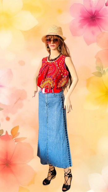 💙🌿Jupe en jean longue brodée bohème vintage 2000 long embroidered denim boho skirt🌿💙