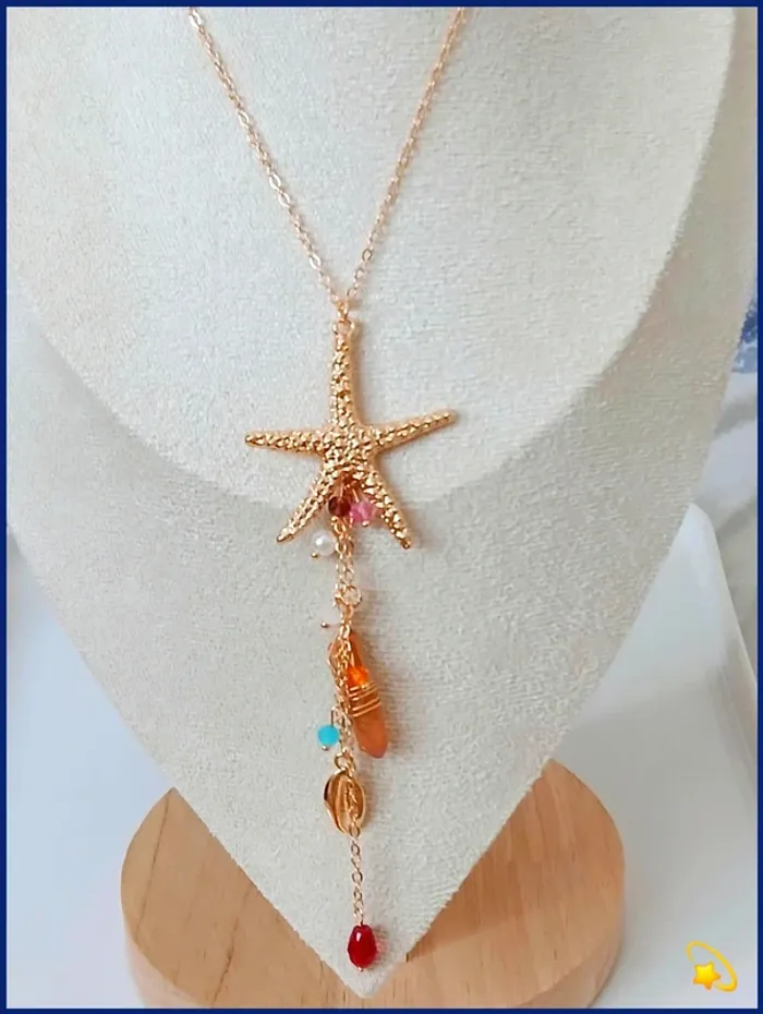 Collier doré à breloques étoiles de mer,coquillage tendance bohème été chic