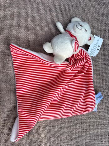 Doudou ours beige avec carte rouge rayé shima
