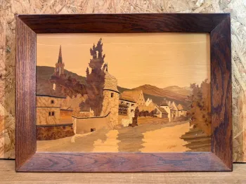 Tableau marqueterie Joseph Aufderbruck – village alsacien, thann vintage
