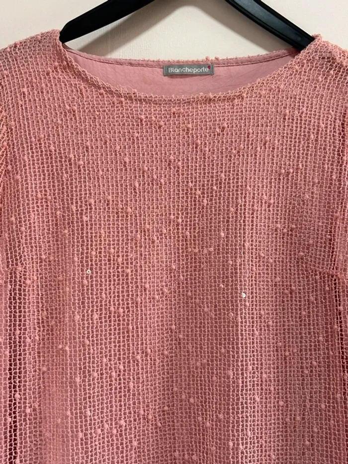 Pull maille crochet plumetis rose - photo numéro 4