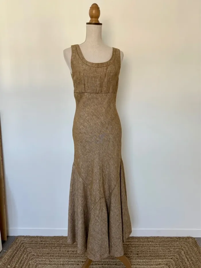 Robe longue marron bretelles été volant zip midi woman donna mujer 40 lin taupe Kleid dress Vestido - photo numéro 2