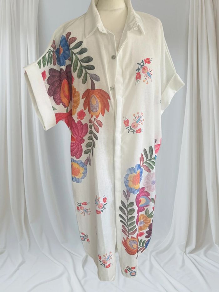 Magnifique robe chemise coton effet lin blanc fleuris multicouleurs taille 42/46 grande taille