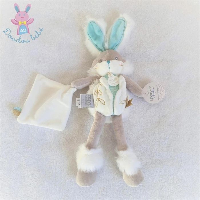 Lapin de sucre vert amande blanc mouchoir Doudou et Compagnie
