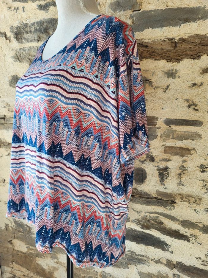 T-shirt blouse manches courtes à motifs bleu blanc corail Blancheporte Taille 54/56 - photo numéro 4