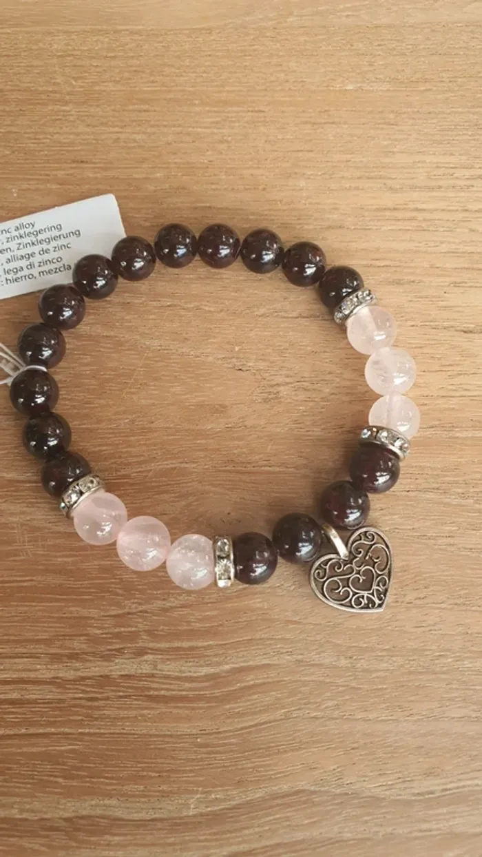 Bracelet femme grenat et quartz rose avec coeur