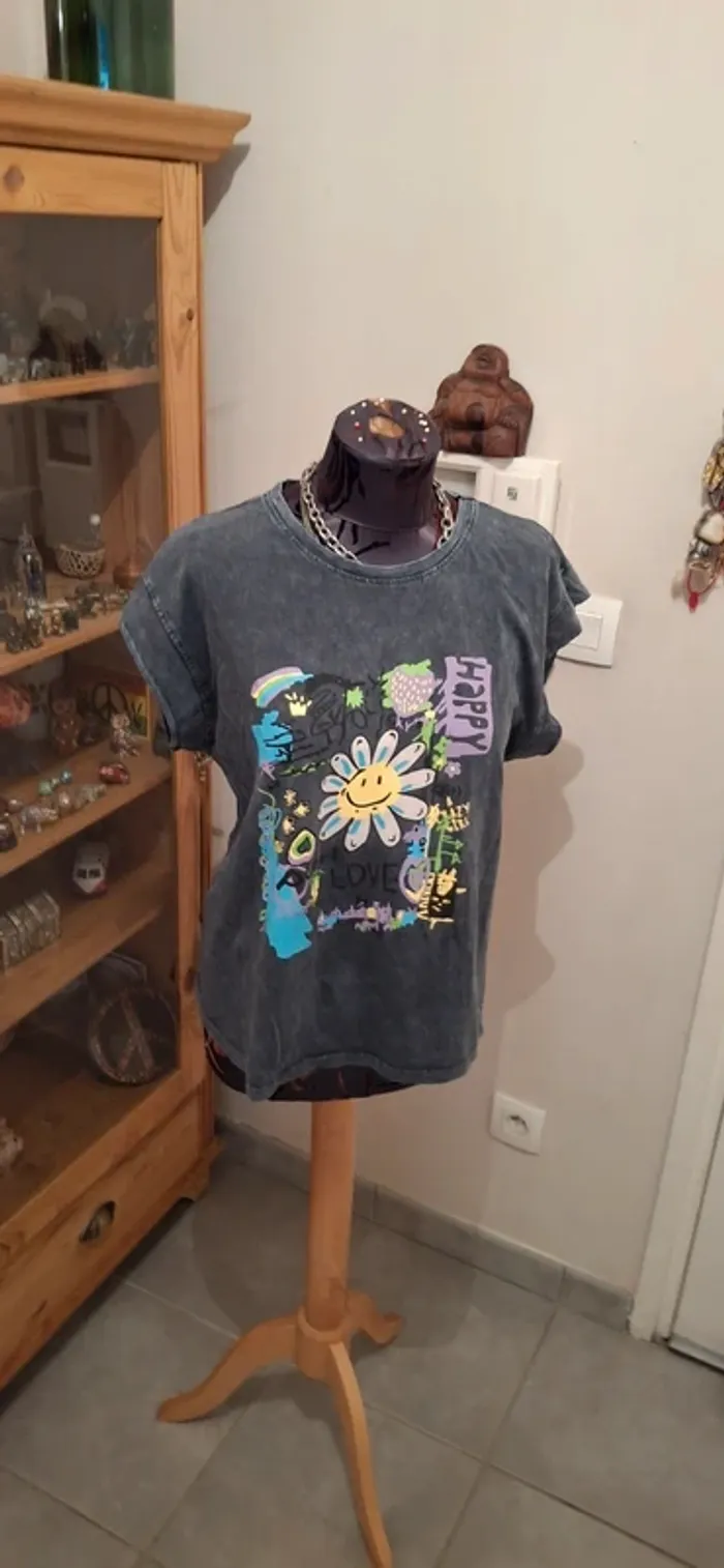 T-shirt peace and love gris