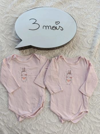 Lot de 2 bodies manches longues Fille 3 mois lapin Tao