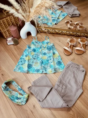 Taille 5-6 ans tenue 3 pièces été fille Orchestra bleue turquoise beige * fleurs * 🌸
