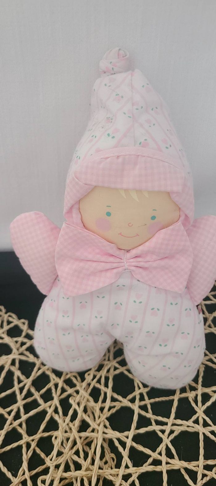 Doudou Poupée Chiffon Noeud Vichy Cœur Rose Vert Grelot Vintage Corolle Fleur - photo numéro 2