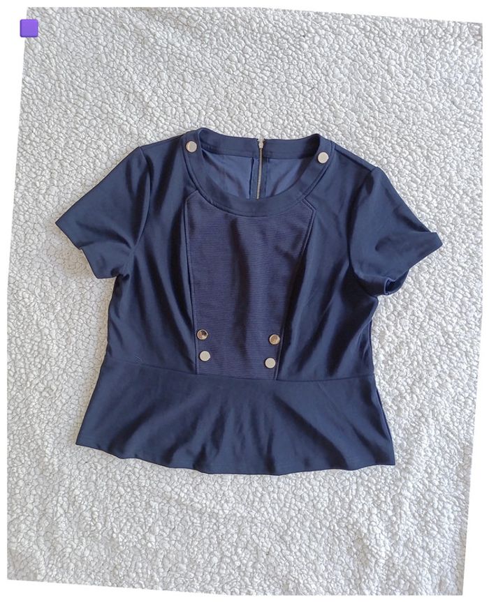 Blouse bleue à manches courtes marin boutons dorés, casual, pro