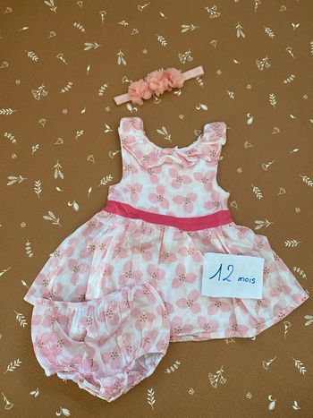 Robe + bloomer + bandeau 12 mois - fleurs rose