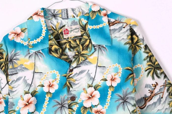 Magnifique chemise vintage 90's en coton motif palmiers et éléments tropicaux (#240444) - photo numéro 2