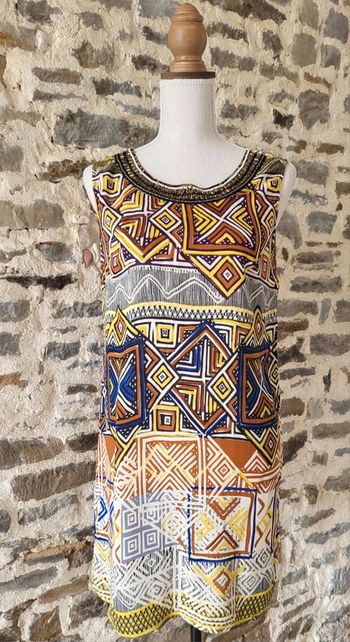Robe débardeur à motifs ethniques marron jaune bleu Taille 38