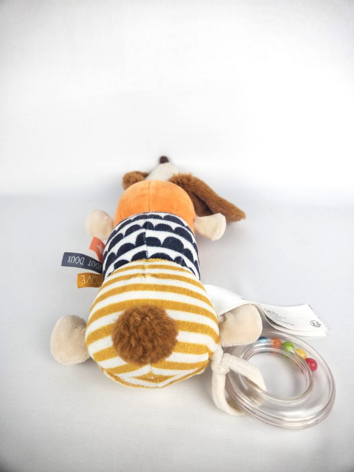 Peluche Doudou Chien Tape à l'Oeil - Hochet - Orange Bleu Jaune - photo numéro 5