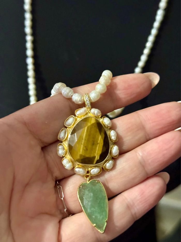 Sautoir habaha Paris perles d’eaux douces véritables amazonite œil de tigre rare - photo numéro 2