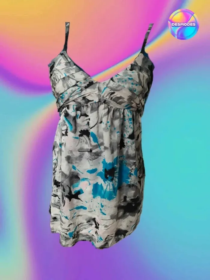 Superbe débardeur soie Naf Naf bleu et gris Monet