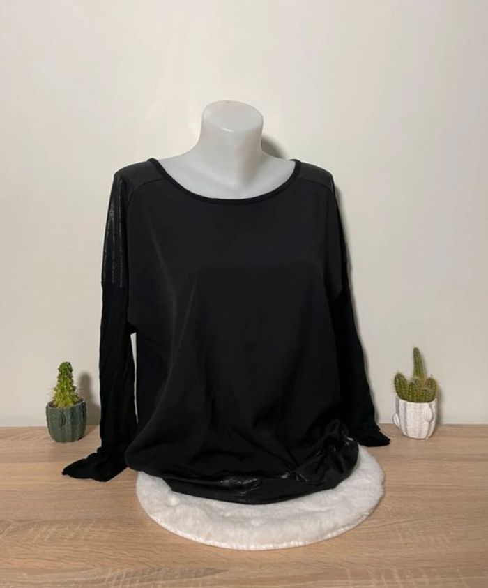 T-shirt manches longues noir bi-matière pailletée Gémo