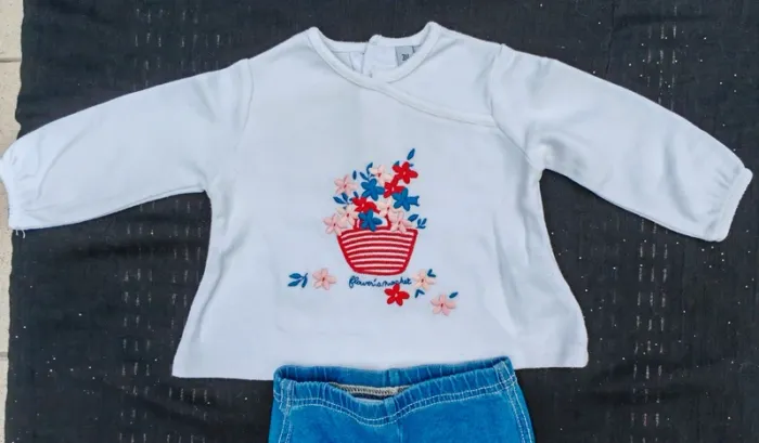 Ensemble Fille 🌼 blouse manches longues + pantalon jean souple – 62cm (3 mois) - photo numéro 2