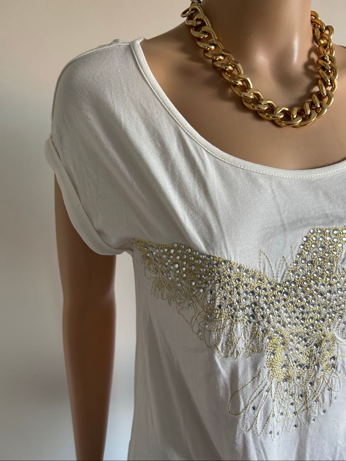 Teeshirt blanc écru neuf avec strass Morgan taille XS (valeur 35€) - photo numéro 4