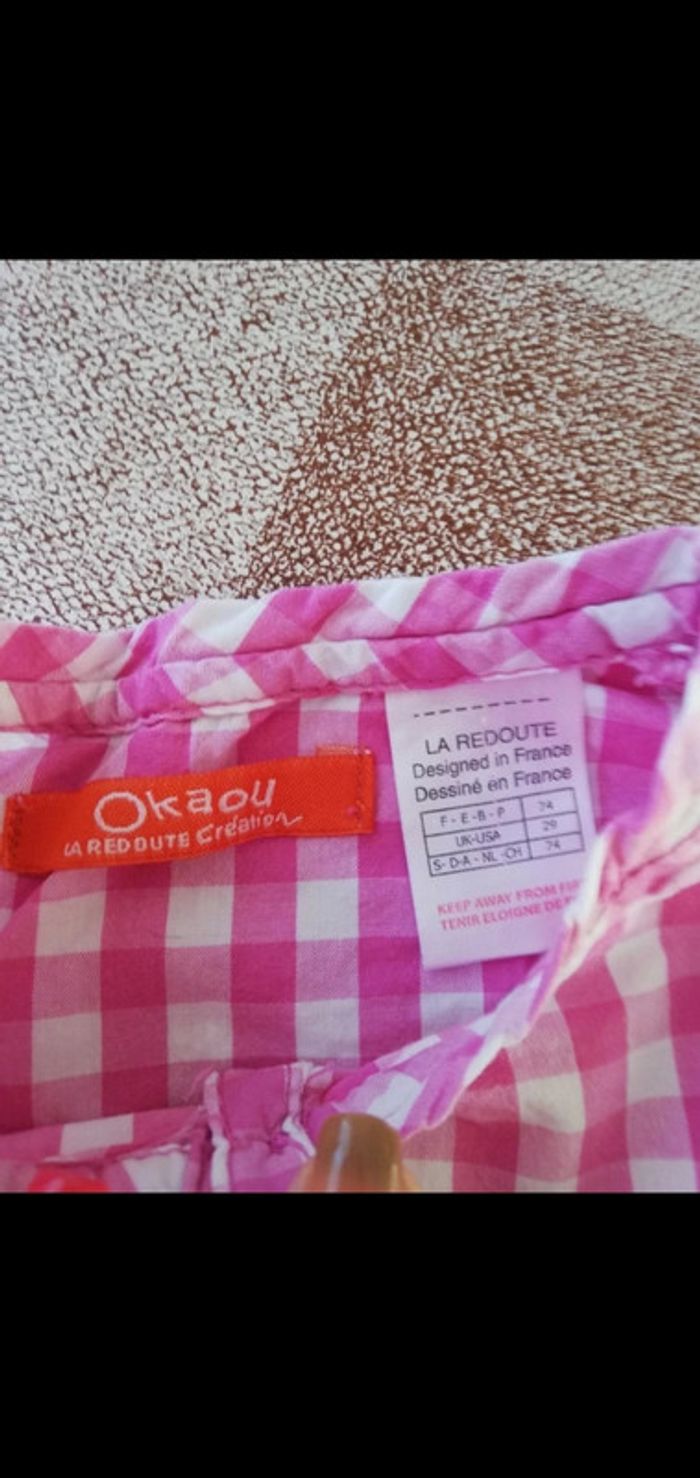 Robe manches courtes boutonnée à carreaux blanc/rose 12 mois okaou - photo numéro 2