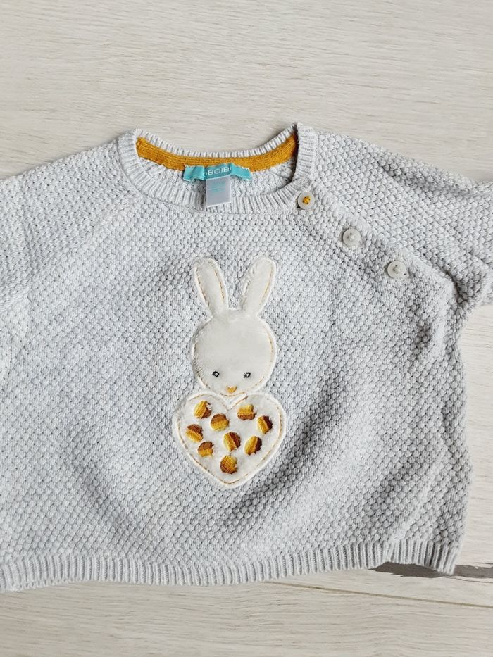 Vêtement bébé fille pull gris Obaïbi lapin cœur 6 mois - photo numéro 2