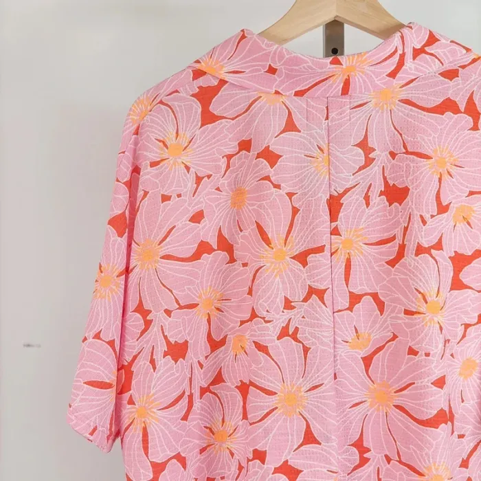 Chemise fluide fleurie rose orange CMT Atelier, col V nouée devant, taille M A516 - photo numéro 10